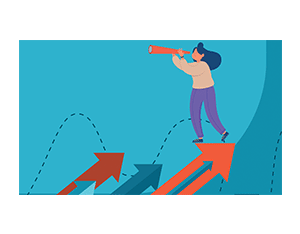 Bunte Illustration einer Person, die durch ein Teleskop auf ein Diagramm schaut.