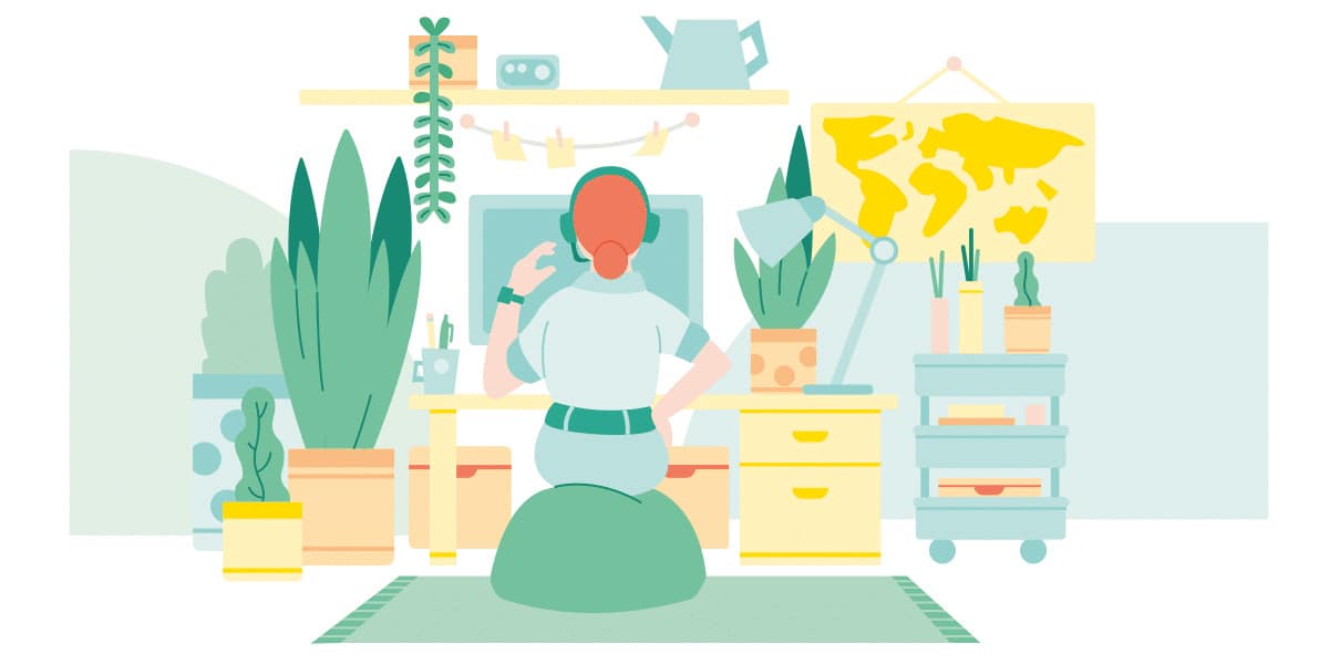 TOPdesk header image - Earth Day - Zeichnung einer Frau bei der Arbeit in ihrem Heimbüro