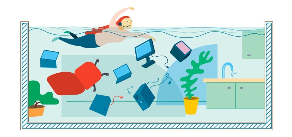 Bunte Illustration einer Person, die sich über einen mit Wasser gefüllten Arbeitsbereich mit herumschwimmenden Arbeitsplatzeinrichtungen hält.