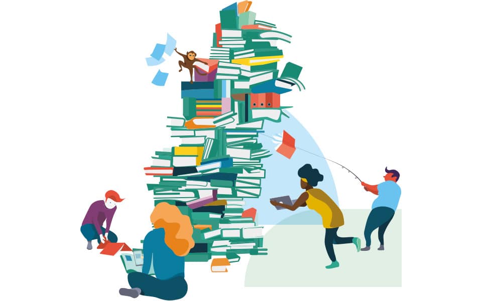 Bunte Illustration von IT-Mitarbeitern um einen Bücherturm.