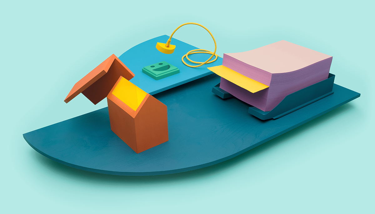 Bunte 3D Illustration von einem IT-Schreibtisch.