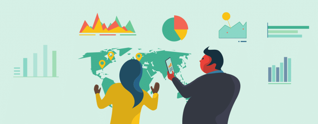 Servicedesk KPI's - drawing of two people looking at statistics and data