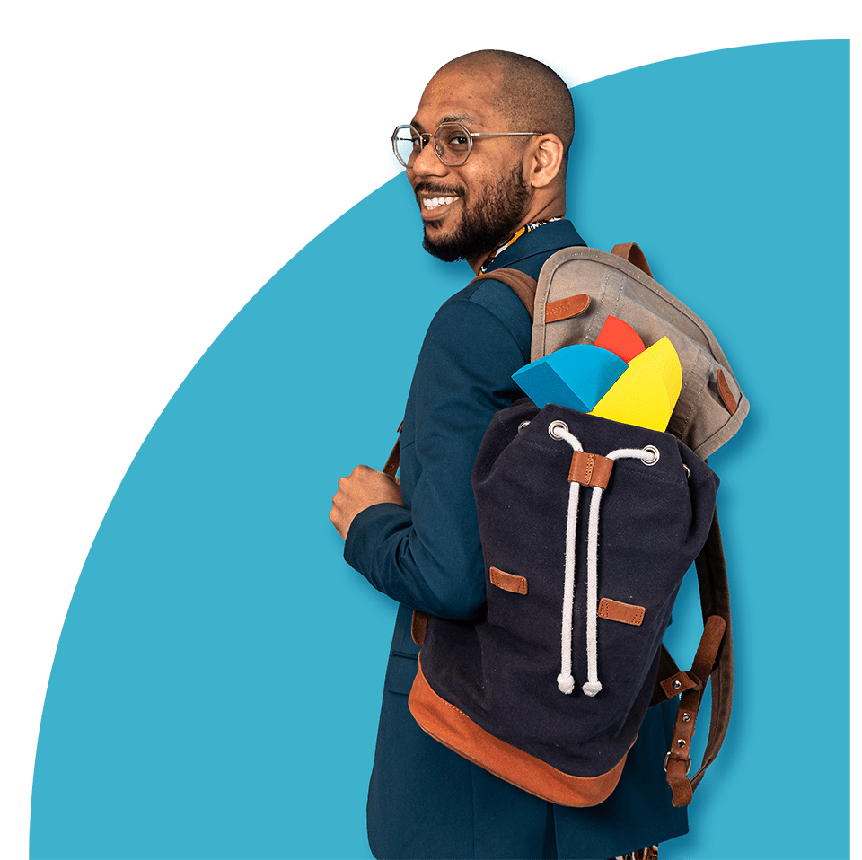 Happy student with backpack, looking over their left shoulder