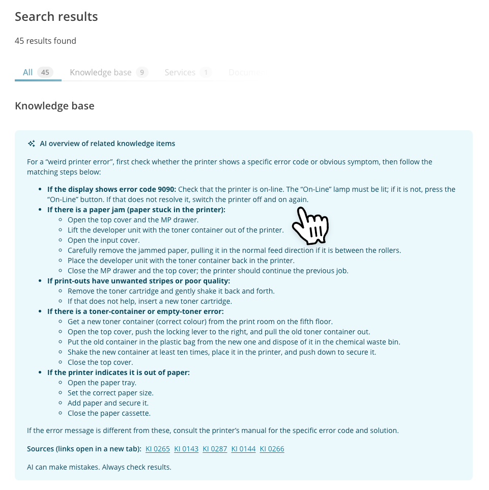 self-service portal search results with ai summary