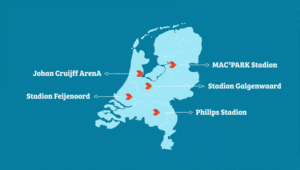 Kaart Nederland met daarop de 5 locaties voor TOPdesk on Tour